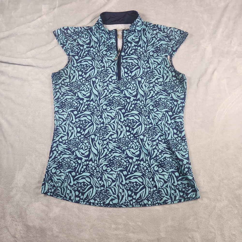 San Soleil Women's Paisley Golf Top Cap‎ Sleeve Blue M Athleisure Sports 1/4 zip